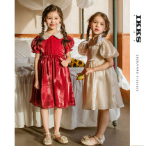 IKKSkids girls summer dress French short sleeve princess dress Net Red childrens clothing wine red satin dress