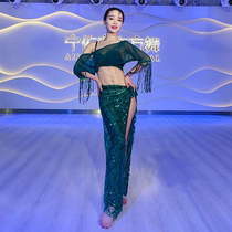 Zuohan Menglu 2021 autumn summer new practice uniforms sexy fairy sequins dark green Oriental dance performance clothes water yarn