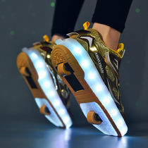Childrens Ramped Shoes Boy Two Wheel Skartakers with Lamp Four Wheels Pulley Boy Two Wheel Deformed Skies