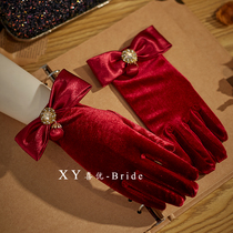 Winter velvet wedding gloves bow short wine red bridal toast clothing gloves wedding photo styling accessories