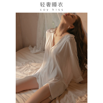 Coy Kisse silk sexy pajamas female autumn shirt big size long sleeve nightgown sex Flirting Silk Pure wind