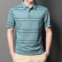 NGR high-end lapel polo shirt mens summer thin short-sleeved T-shirt middle-aged striped tencel mulberry silk printing top