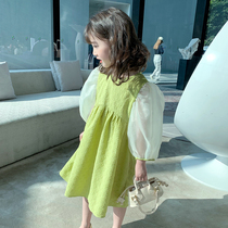 Girls Korean version of dress 2022 spring dress new children dress foreign air princess dress baby trendy bubble sleeve dress
