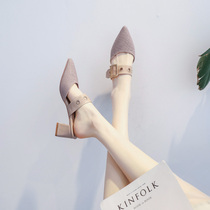 Hong Kong 2021 Autumn New Joker Pointy Half Slipper Female Coarse Fairy Baotou Evening Single Shoes Muller Shoes