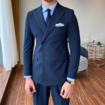 Mr. Lusan double-breasted striped suit Korean version of British slim suit Mens Youth Business Leisure tide
