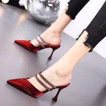 High heels pointed thin heels wear womens sandals 2020 Summer new sexy rhinestones with a bag half slippers