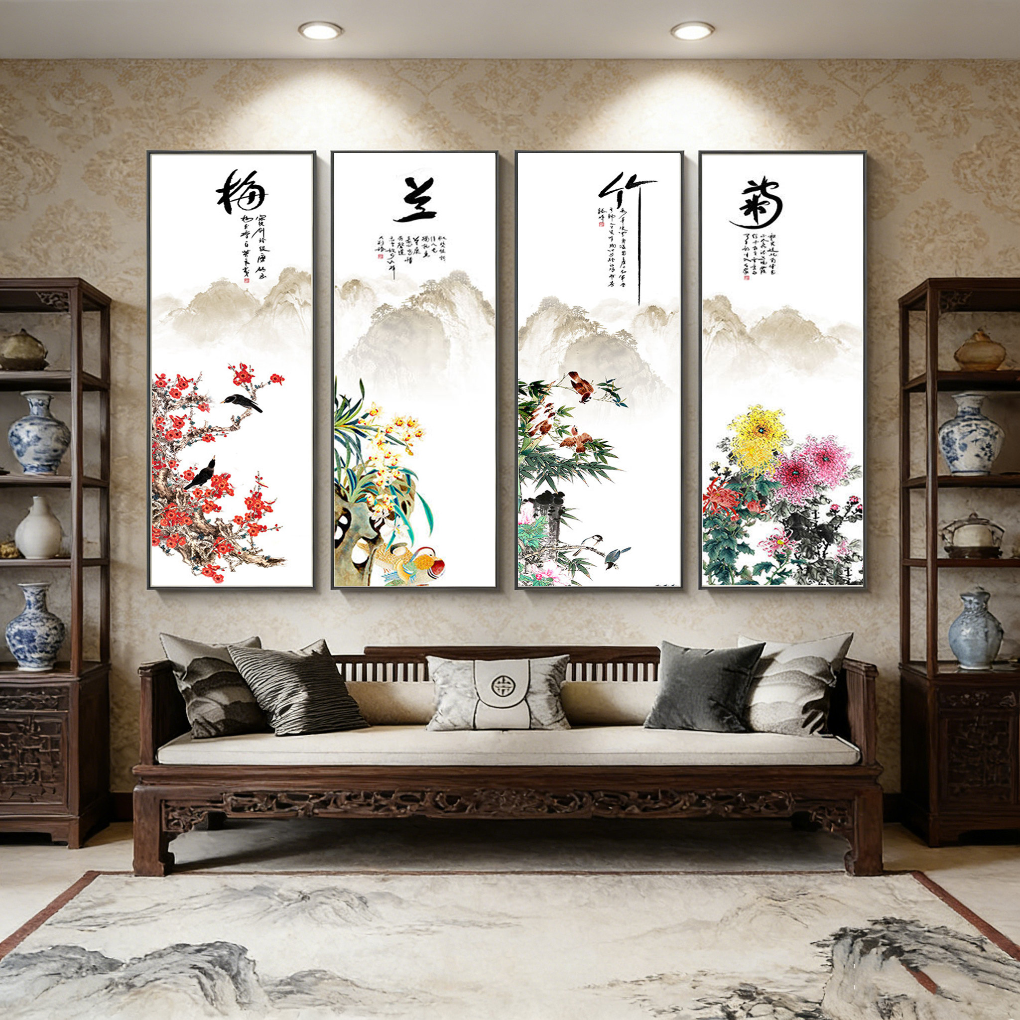 梅兰竹菊四条屏纯手绘画芯-梅兰竹菊四条屏纯手绘画芯促销价格、梅兰竹
