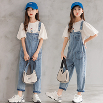 Girl Loose Denim Back Belt Pants 2022 Spring Summer Style CUHK Child Han Prints Large Pocket Casual Light Color Mid-Waist Pants