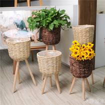 Creative European wooden floor-standing flower stand high and low flower pot stand straw straw woven rattan flower basket indoor living room decoration Green