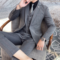 Gray small plaid Korean suit three-piece trendo professional tooling work wedding dress non-iron master suit