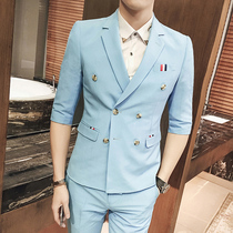  Double-breasted mid-sleeve suit two-piece host groom wedding suit Sky blue nightclub overalls male