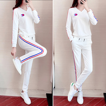 Hong Kong leisure sportswear set women spring and autumn 2021 New loose foreign style V collar sweater two-piece set