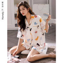 Pajamas Womens summer silk ice silk short-sleeved shorts Home wear Summer thin section simulation silk cute two-piece suit