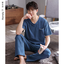 Lycra cotton]2021 new pajamas mens summer pure cotton short-sleeved trousers home clothes mens summer thin models