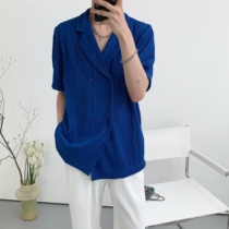Atea with Agubao blue solid striped short sleeve shirt male summer ins Chaumen Tide Cards Casual Loose Lining