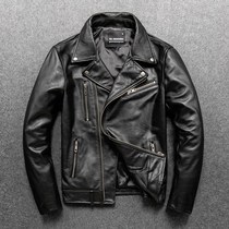 Pure cowhide motorcycle leather jacket mens leather jacket head layer cowhide motorcycle suit lapel slim Korean version large size