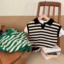 Sweet Mother Childrens waistcoat 2022 Xias new male girl turned over sweatshirt baby striped knit vest blouse