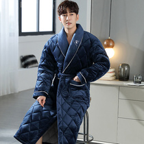 Winter mens coral velvet robe thickened length three-layer cotton warm bathrobe middle-aged pajamas winter