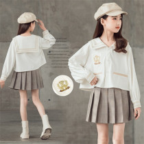 Girl Suit Foreign Air Spring 2022 New Korean Version College Wind Shirt Mother Women Dress CUHK Children Plexus Pleats Two Sets