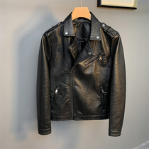 Autumn and winter mens motorcycle leather clothing trend youth diagonal zipper lapel leather jacket mens slim fit and casual jacket