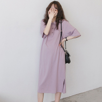 Pregnant summer polo knee-length dress skirt dress Summer long T-shirt cotton lactation loose Korean version