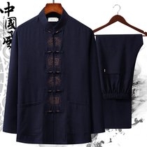 Spring and Autumn Flax Tang suit Mens Suit Embroidery Leisure Spring and Autumn Middle-aged Elderly Long Sleeve Chinese Cotton and Linen Dad Grandpa