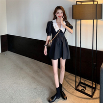 French doll collar black skirt womens 2021 new summer waist thin temperament bubble sleeve dress
