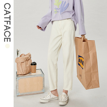 Cat sauce purple white washed jeans women 2021 Winter New straight high waist slim plus velvet pants
