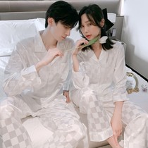 Couple pajamas female summer ice silk short sleeve shorts white square new summer Silk mens suit home clothes