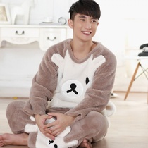 Mens pajamas winter coral fleece thickened cute warm flannel youth casual home wear autumn and winter set