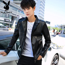 Playboy leather mens lapel personality handsome Korean version slim youth leather jacket jacket velvet thickened mens clothing