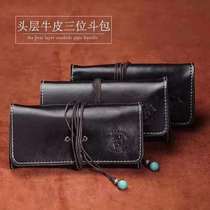 Leather pipe bag top layer cowhide folding 3 bucket bag handmade custom mens business gift portable cigarette tool