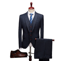 Navy blue plaid suit three-piece British extra large size mens wedding dress host performance thickened suit