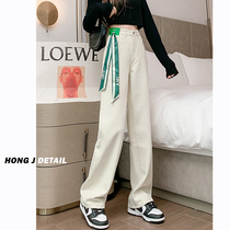 Off-white small straight jeans women plus velvet autumn and winter 2021 New loose thin thin long leg pants