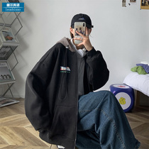 Hooded cardigan sweater mens fashion ins autumn casual loose and comfortable top with salad chain tide brand couple coat