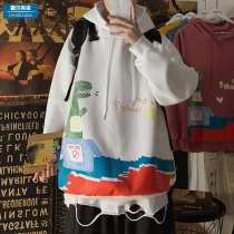 Cartoon print sweater Male teen hooded jacket Loose casual clothes Couple outfit Hip hop trend pullover
