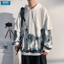 Spring and autumn season National Feng Shui ink landscape fake two-piece sweater male ins couple loose jacket trend brand clothing