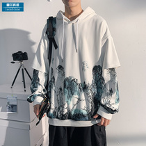 Spring and autumn season National Feng Shui ink landscape fake two-piece sweater male ins couple loose jacket trend brand clothing