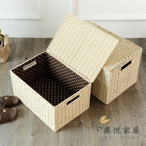 Vintage rattan storage basket with cover Japanese sundries storage box Nordic style woven storage box storage basket Household