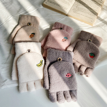 Gloves autumn and winter women ins cute plus velvet thickened warm Korean version of Joker embroidery fruit half finger cycling