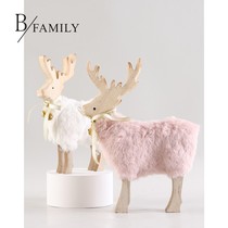 Christmas decorations Pink white plush wooden golden bells Cartoon Christmas Deer desktop ornaments Elk props