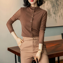2021 new female solid color thin long sleeve mesh half high collar velvet base shirt female autumn winter with foreign style coat