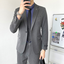 Striped suit suit mens casual Ruffian handsome Korean version of self-cultivation business dress groom wedding gift small suit male handsome