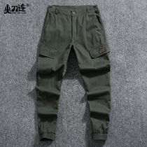 Autumn and winter thickened pure cotton abrasion resistant multiple pockets Outdoor work pants Mens sharp knife Lions with colorful retro loose bunches
