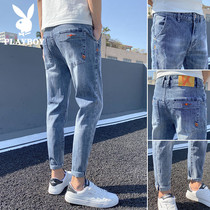Flower Playboy jeans Mens summer workout straight up the tide 100 hitch a little foot male 90% casual long pants
