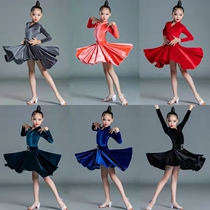 Childrens Latin dance costumes autumn and winter girls gold velvet one-piece Latin skirt long sleeves practice clothes childrens competition performance