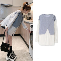 2021 Autumn New pregnant women Autumn Fashion Net Red pregnancy shirt striped top loose shirt dress
