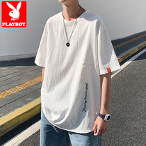 Playboy linen t-shirt mens summer ins Port trend flow ice loose and versatile half sleeve ice silk short-sleeved men