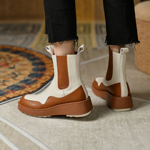Daughters stay in the United States ~ European and American light luxury round head Middle heel flat short tube European and American Martin boot sleeve