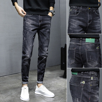 Jeans men autumn and winter slim small feet Tide brand 2021 spring autumn trend plus velvet casual black long pants